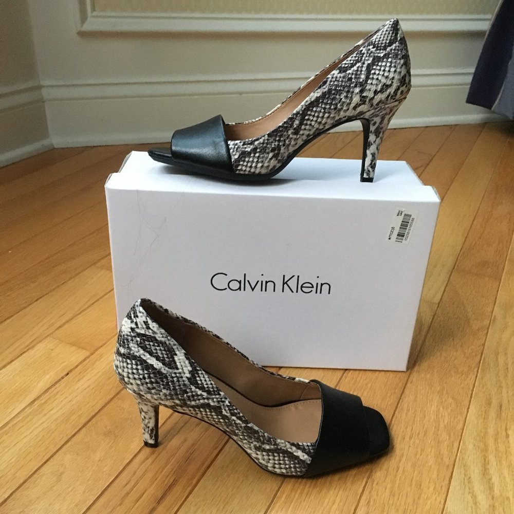 Calvin Klein Nareen Heel - Black and White Leather Snack Print Peep Toe Size 6
